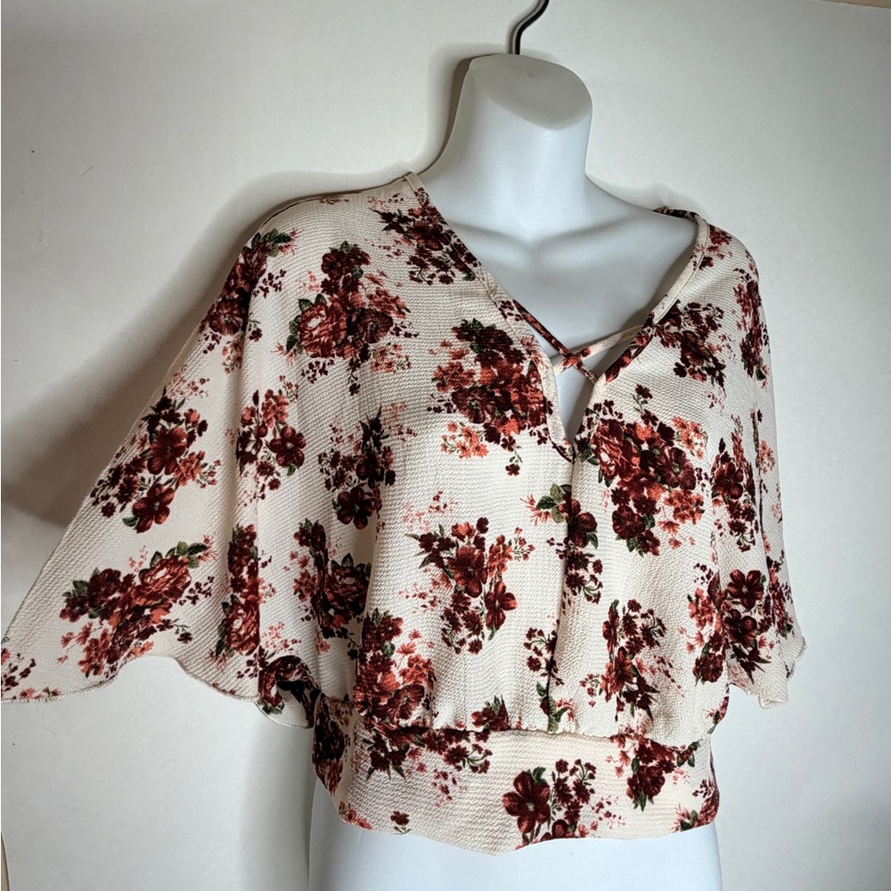 Fashion Nova Cream Burgundy Floral Open Back Tie Top Size Large